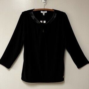 Nine West Black Long Sleeve Top with Faux Leather Trim and Front Keyhole Design